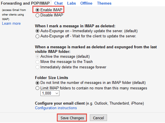 gmail imap settings for outlook 2016