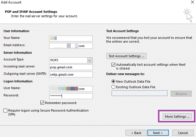 pop and imap account settings for outlook 2016