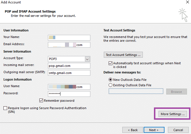 microsoft outlook settings for gmail account